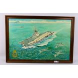 A framed oil on board of military interest bearing plaque HMS Centaur Reunion 1987,