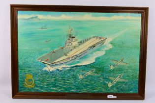 A framed oil on board of military interest bearing plaque HMS Centaur Reunion 1987,