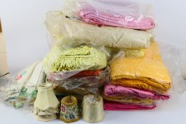 Lot to include vintage linen, blankets, pillow, light shades and other.