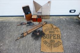 Lot to include a vintage fire guard, fire irons, coal scuttle and a vintage chimney brush. [3].