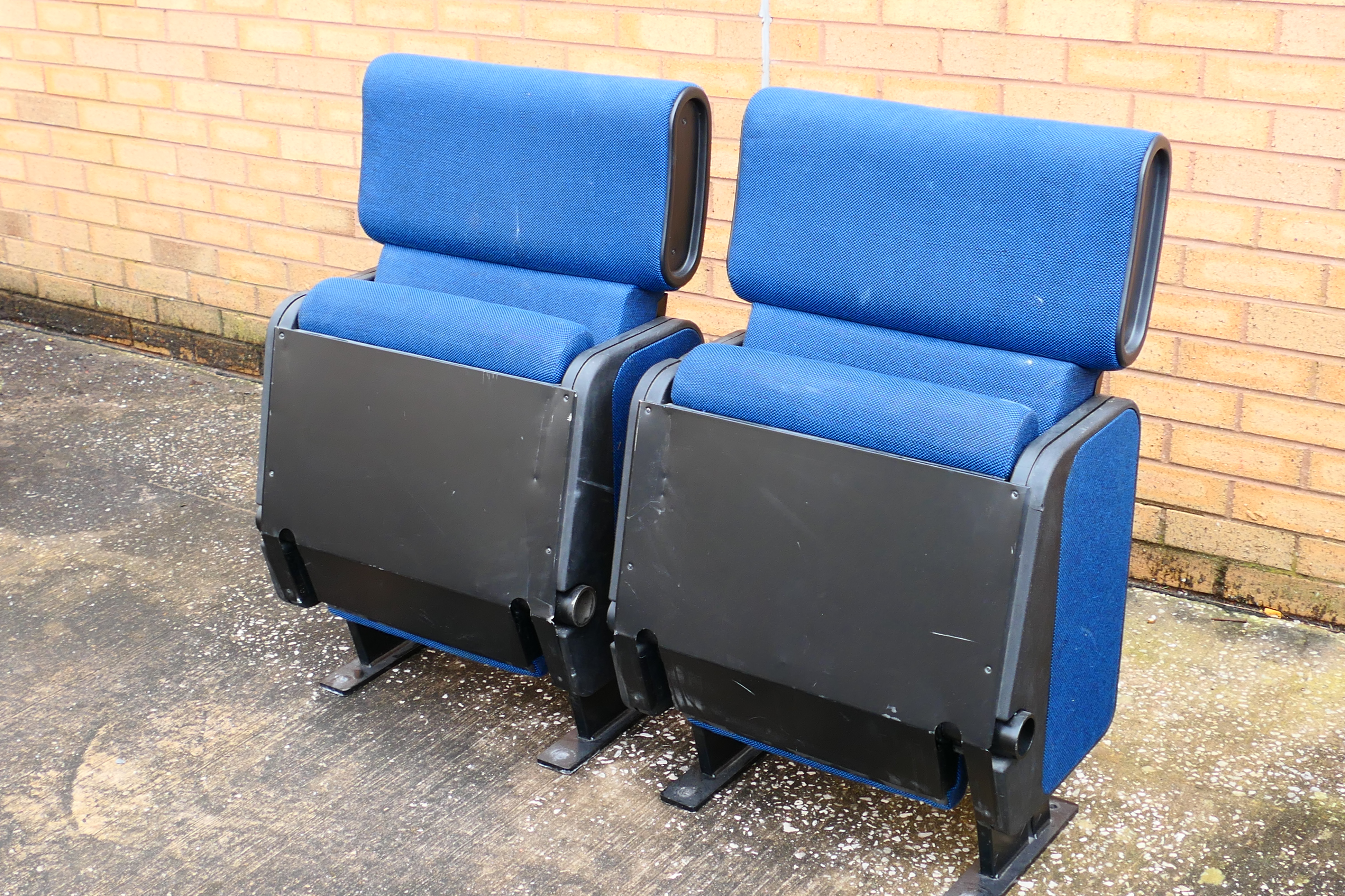 Cinema Chairs - A pair of retro folding cinema chairs. Chairs have blue fabric and metal legs. - Image 2 of 3