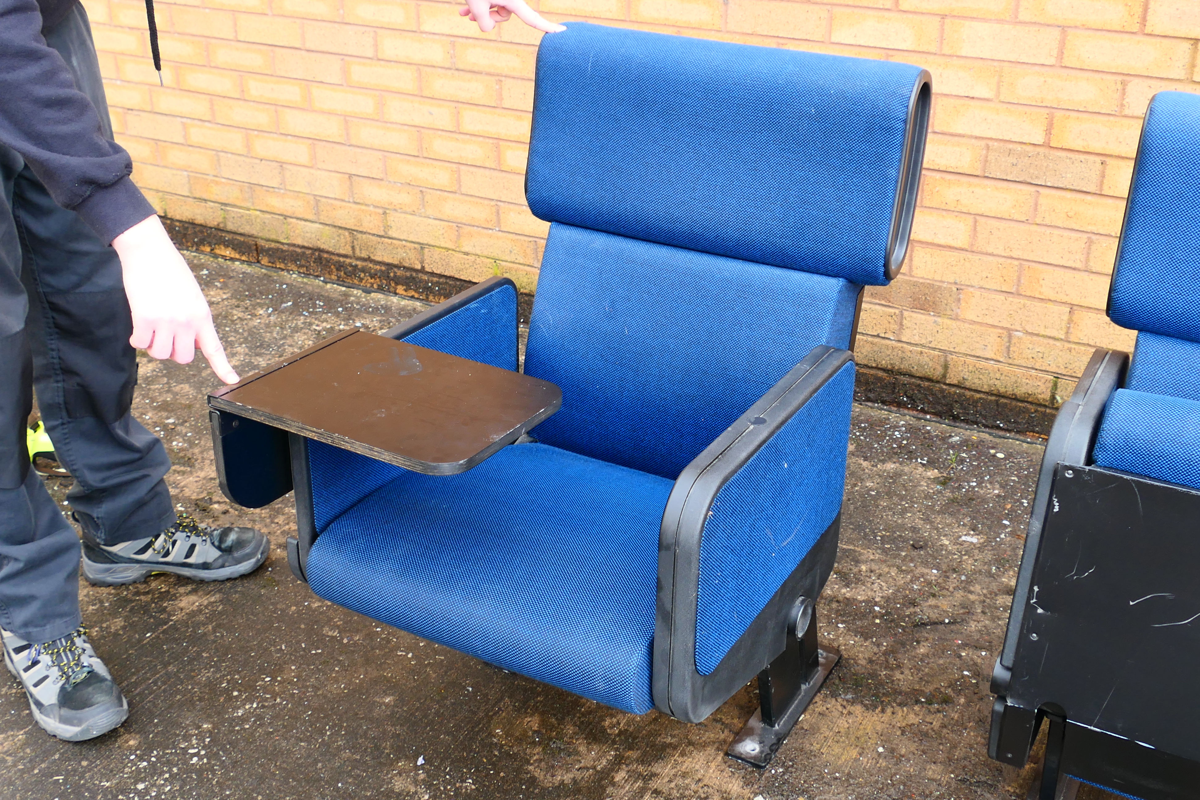 Cinema Chairs - A pair of retro folding cinema chairs. Chairs have blue fabric and metal legs. - Image 4 of 5