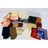Lot to include vintage wallets, evening bags, head scarves, gloves and similar.