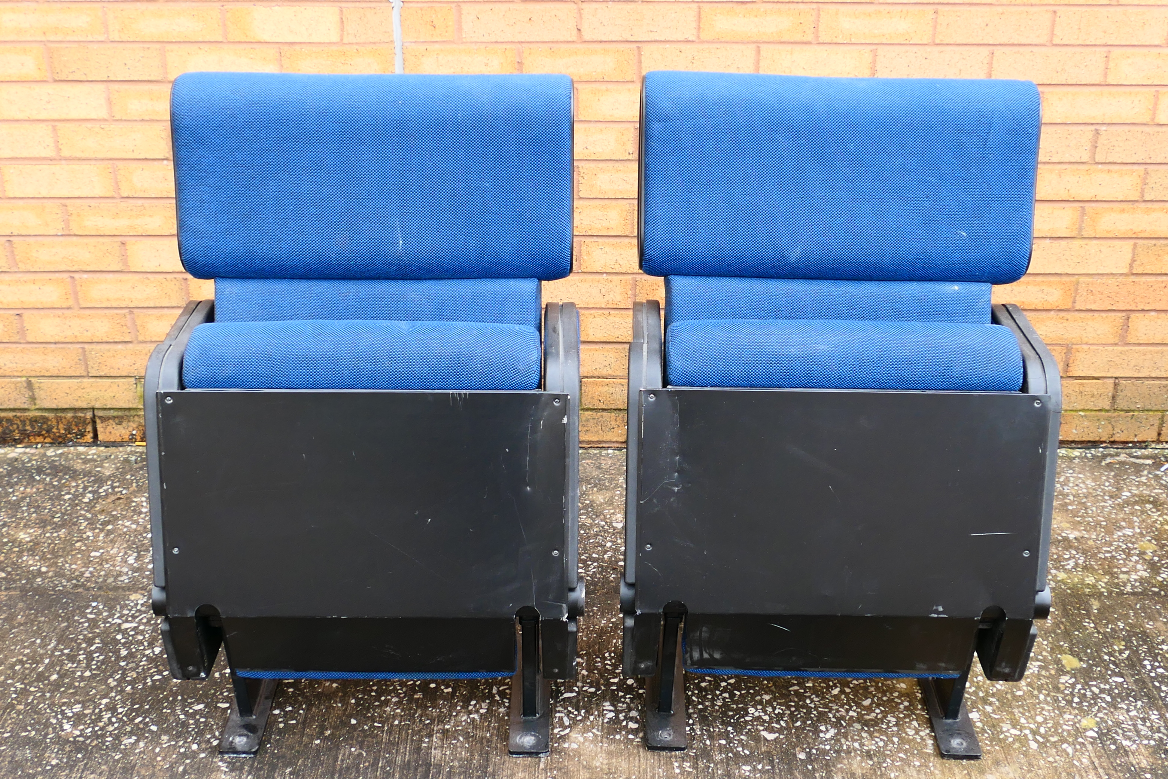 Cinema Chairs - A pair of retro folding cinema chairs. Chairs have blue fabric and metal legs.