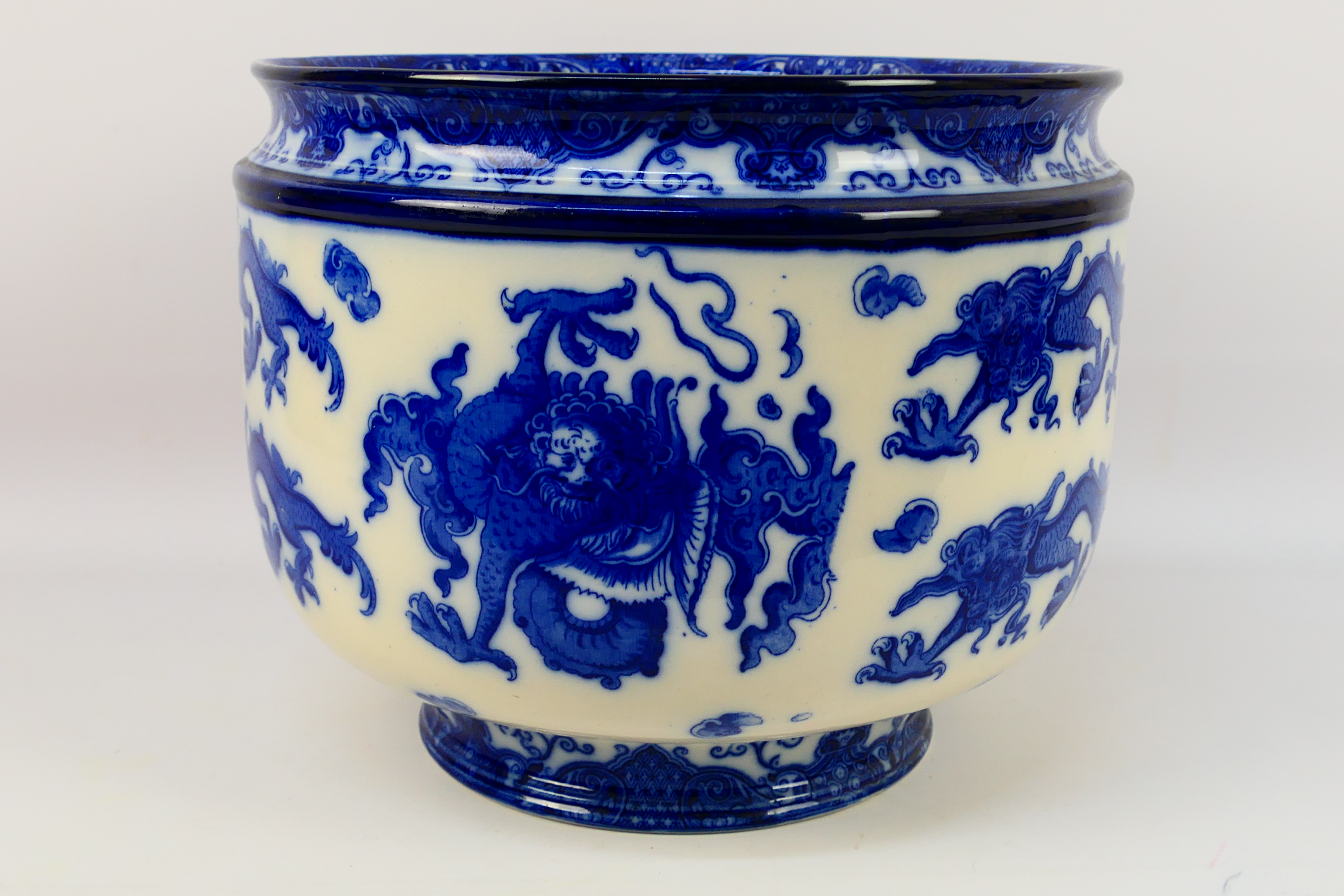 Royal Doulton - A large blue and white Chinoiserie jardiniere decorated in the Oyama pattern, - Image 2 of 9