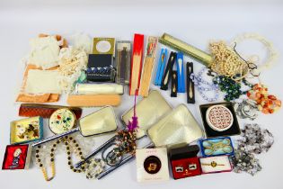 Lot to include costume jewellery, hand fans, powder compacts, dressing table items and other.