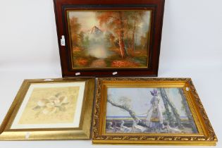 A framed oil on board landscape scene, signed lower right, Dixon,