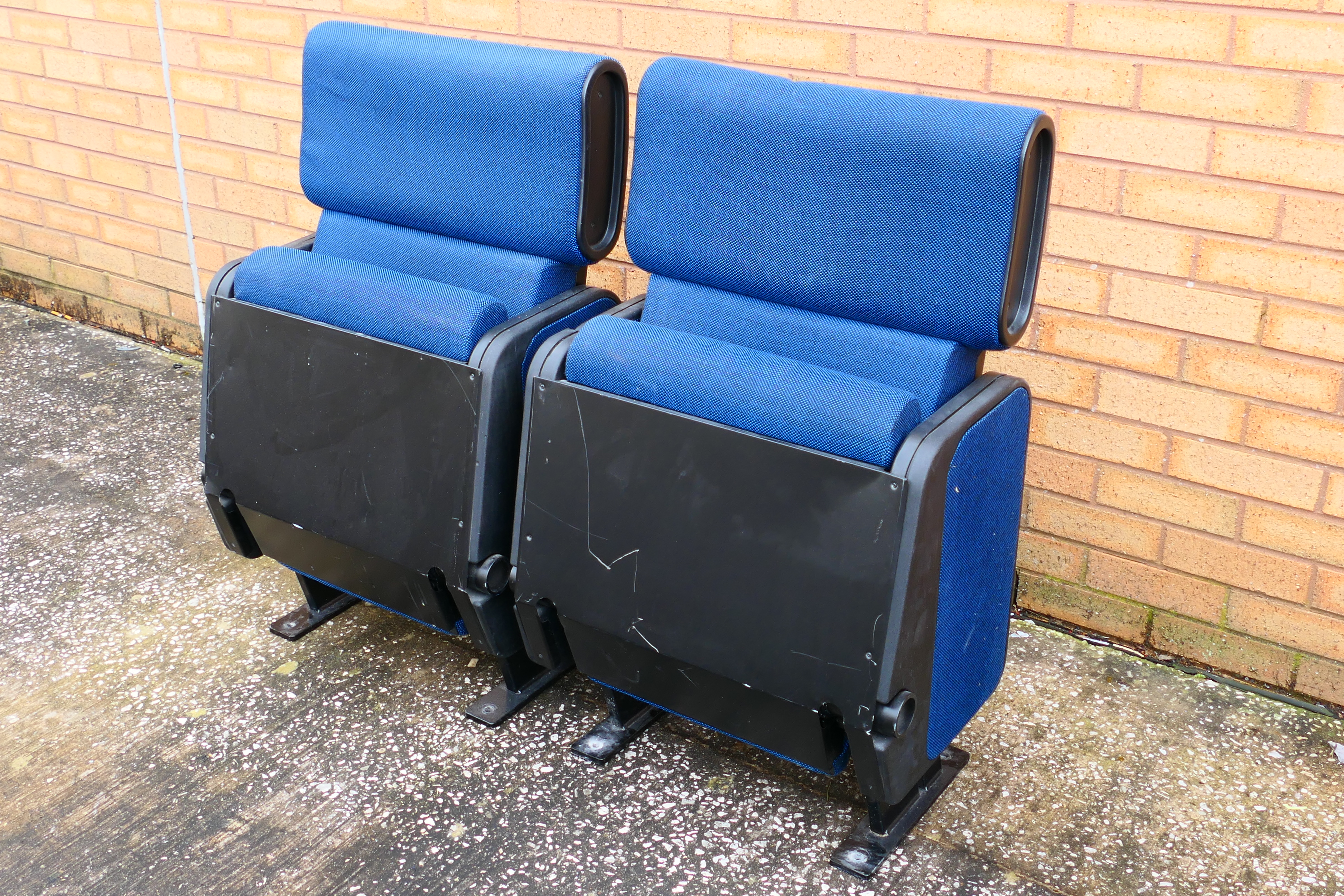 Cinema Chairs - A pair of retro folding cinema chairs. Chairs have blue fabric and metal legs. - Image 2 of 3