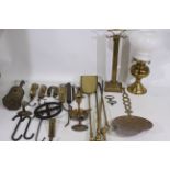 A collection of brassware and metalware to include Salter balanced spring scales, candle holder,