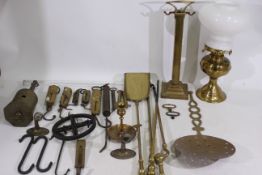 A collection of brassware and metalware to include Salter balanced spring scales, candle holder,