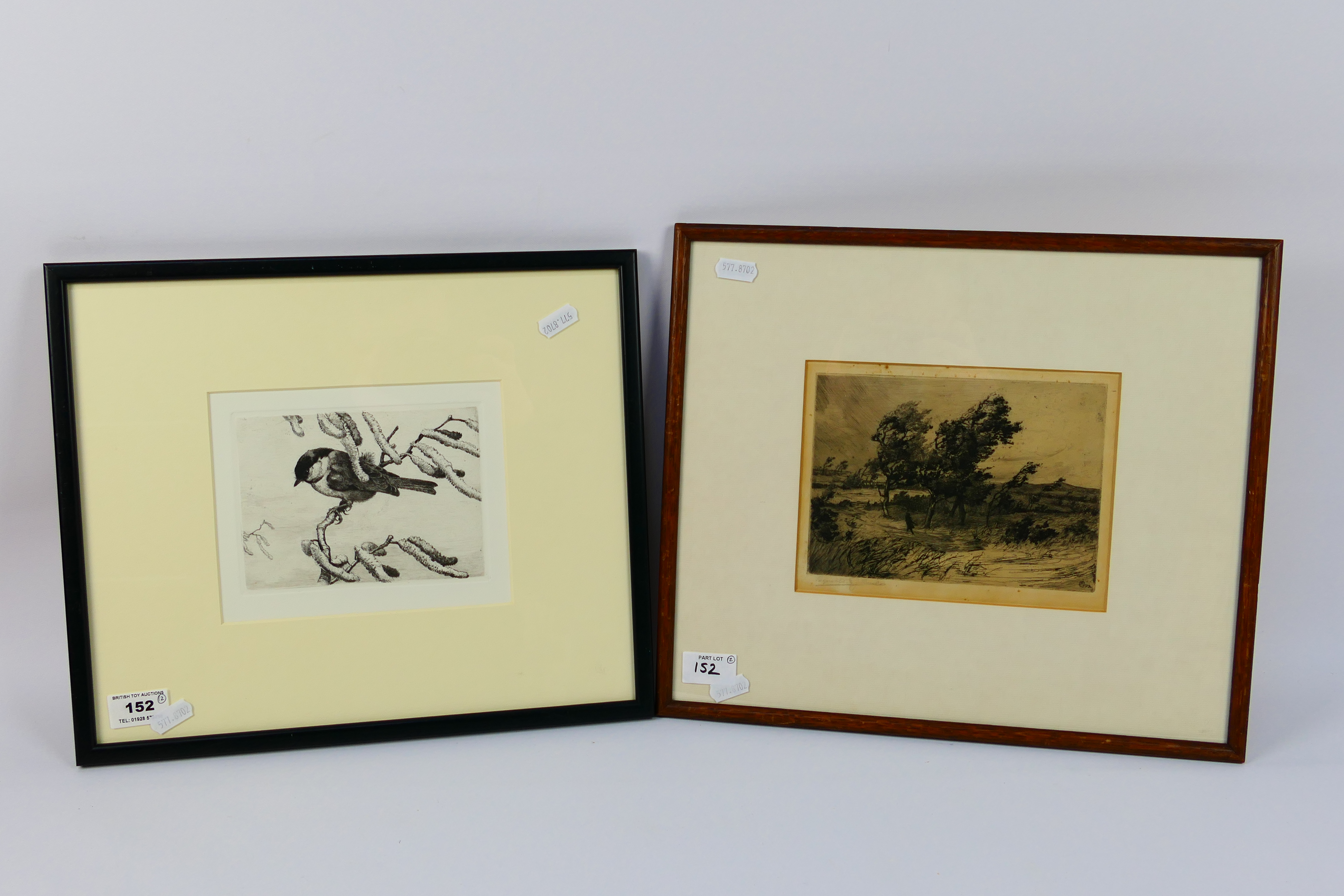 Two framed etchings comprising a landsca