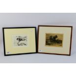 Two framed etchings comprising a landsca