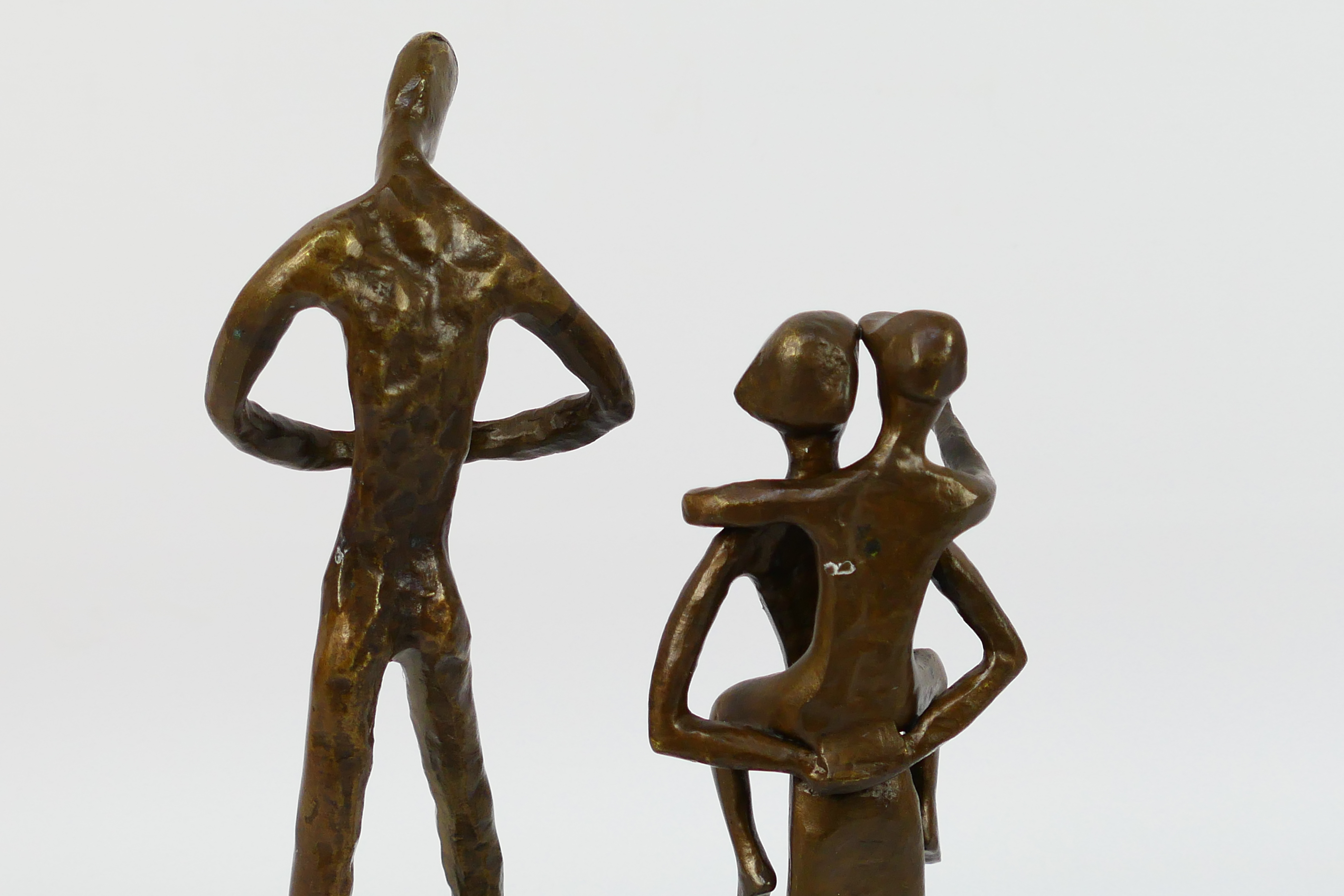 A pair of bronze figures / groups, unsigned, largest approximately 28 cm (h). [2]. - Image 6 of 7