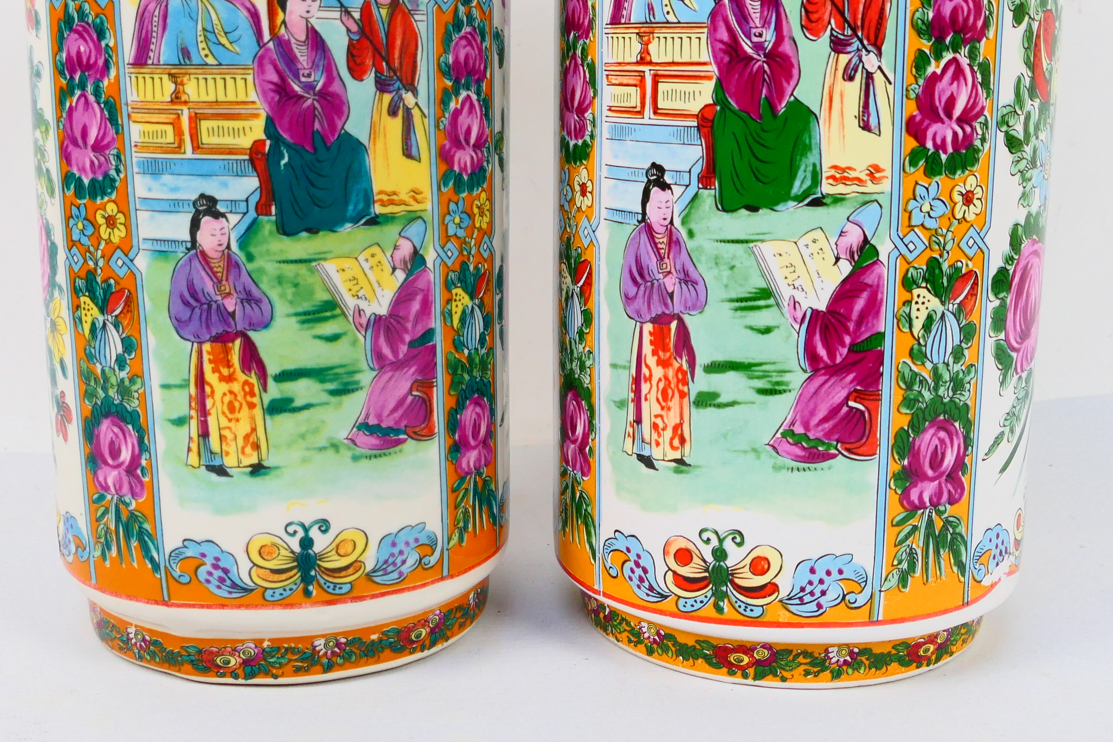 A decorative near pair of vases decorated with panels of figures against a floral ground, - Image 5 of 11