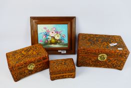 Lot to include a set of three graduated Chinese wooden boxes with carved decoration of birds