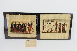 Two Egyptian paintings on papyrus, approximately 38 cm x 43 cm, housed in clip frames. [2].