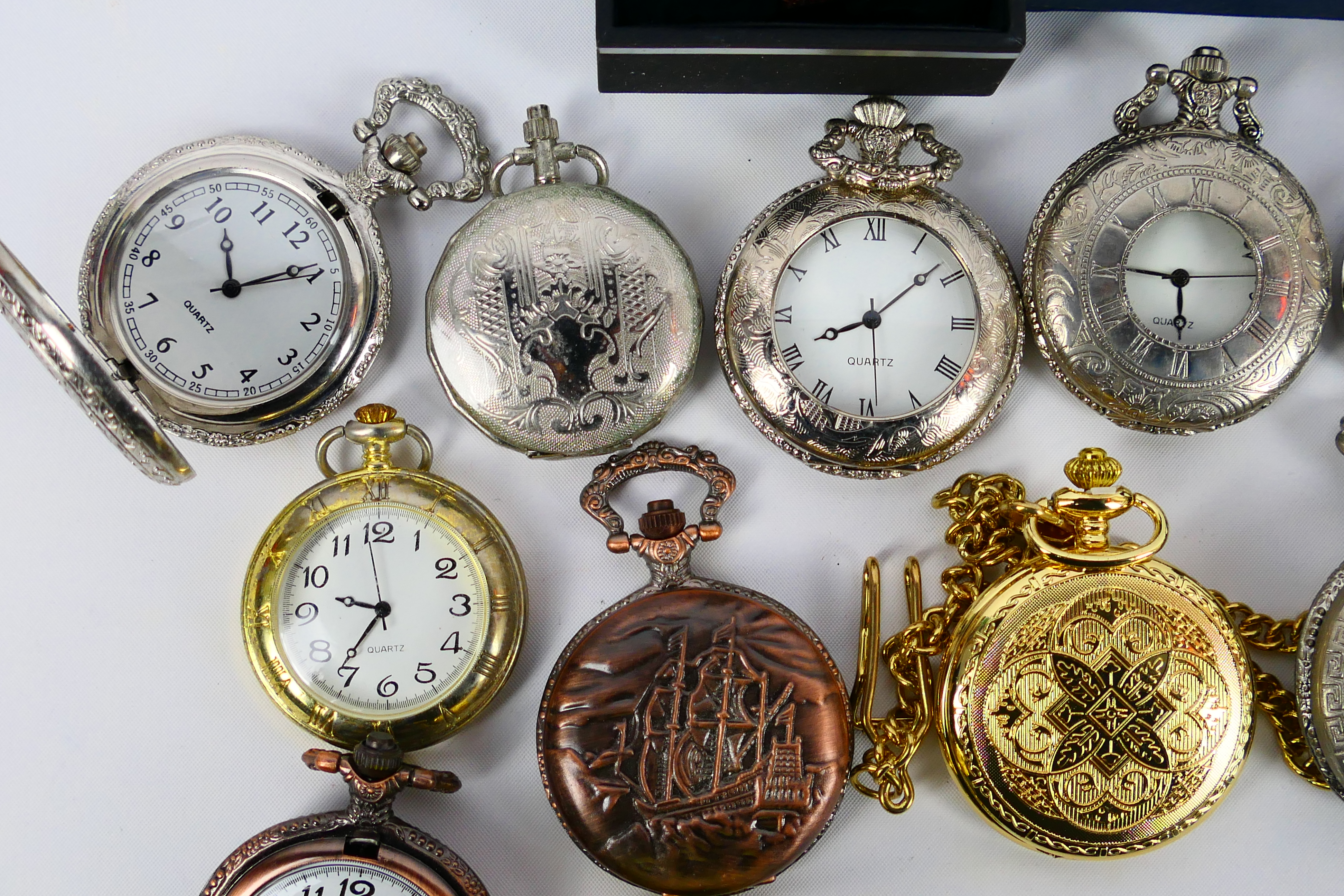 A collection of modern pocket watches, part boxed, and two wrist watches. - Image 2 of 8