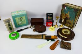 Mixed collectables to include vintage tins, barometer, tape measures, rotary hat iron and other.