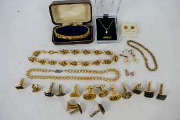 Costume jewellery to include a gold plated bracelet, stone set pendant with necklace, cufflinks,