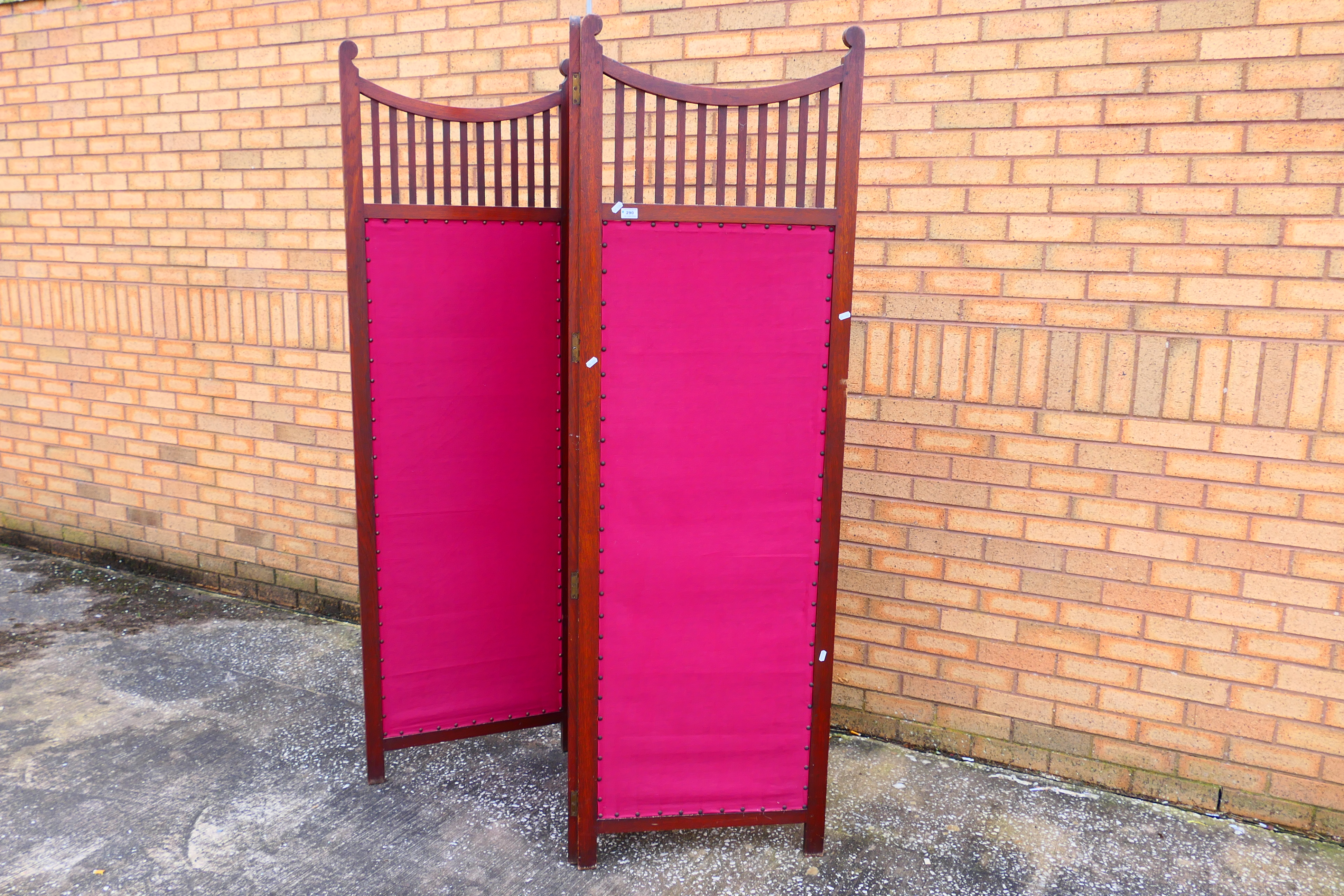 A three fold wood and upholstered screen / room divider, each panel approximately 195 cm x 61 cm. - Image 2 of 3