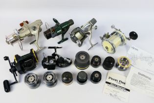Six reels and a quantity of spare spools to include a Mitchell 624, a Mitchell 300, Surf Master,
