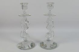 A pair of Waterford Crystal Seahorse candlesticks with Hippocampus form stems,