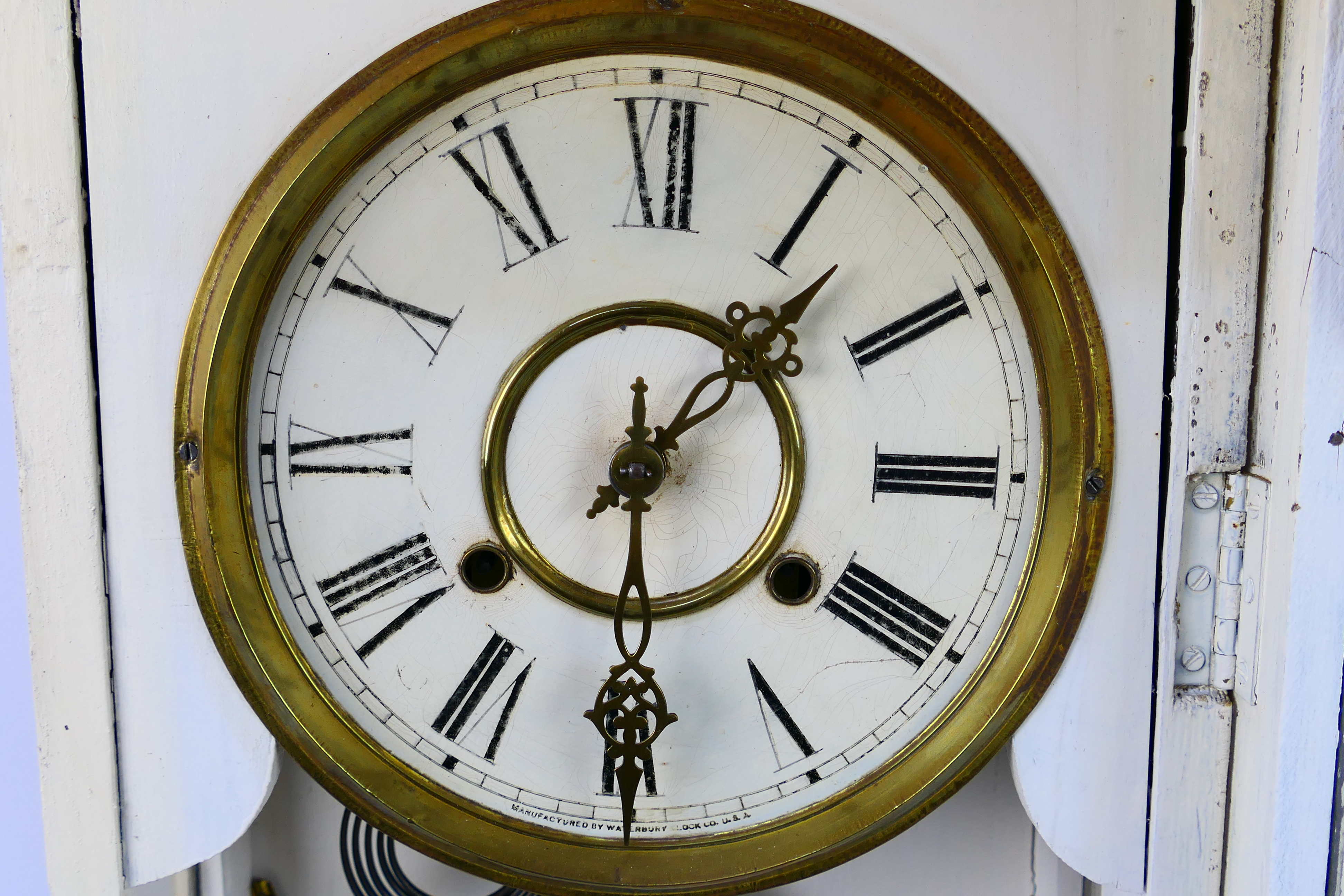 A white painted wall clock, Roman numerals to a white dial, with key and pendulum. - Image 5 of 8