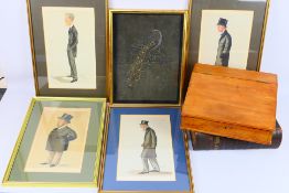 Lot to include a framed Vanity Fair prints, Family Bible, framed embroidery and other.