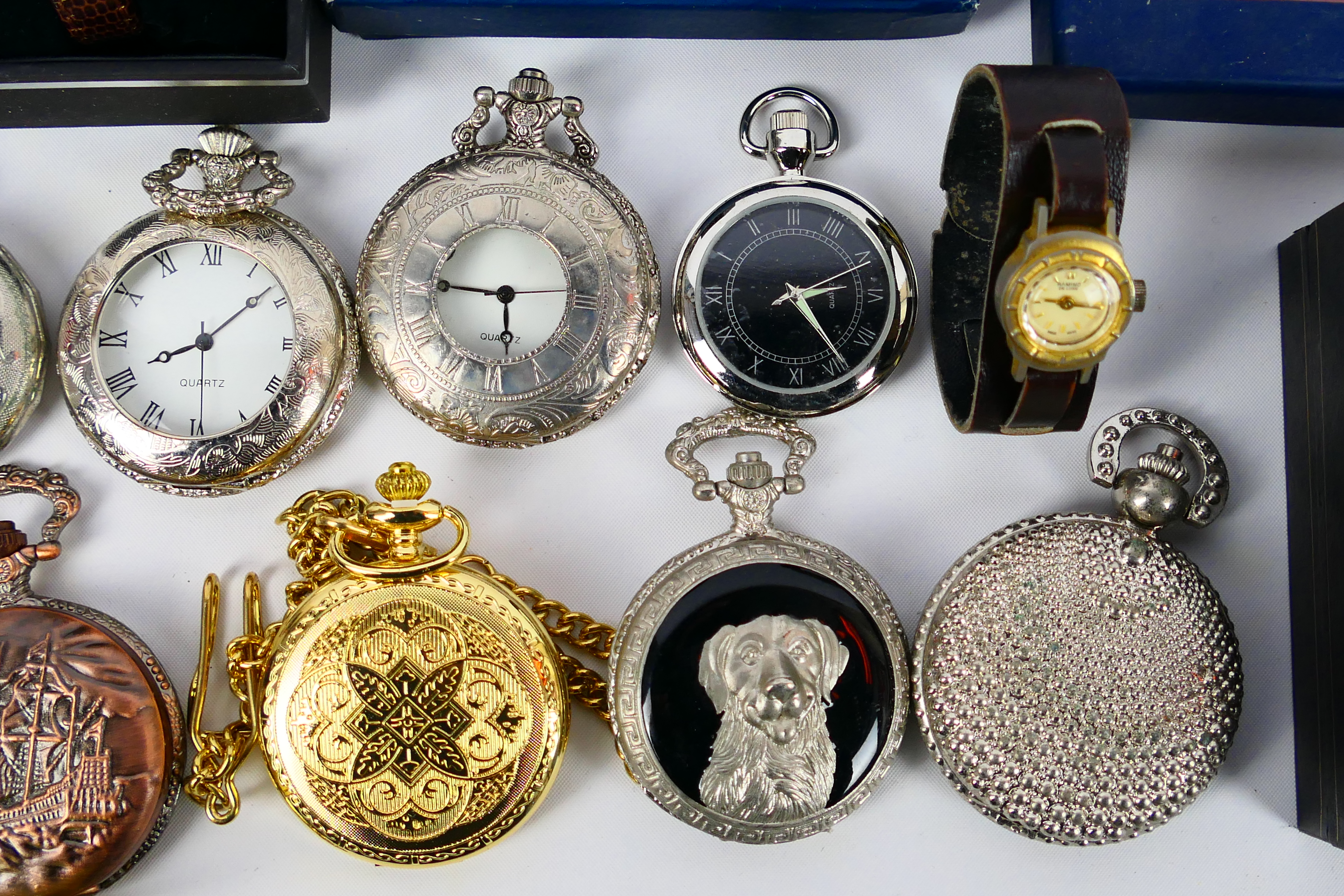 A collection of modern pocket watches, part boxed, and two wrist watches. - Image 3 of 8