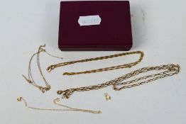 Scrap Gold - Two 9ct gold necklaces (A/F), a bracelet stamped 9k an unmarked yellow metal bracelet,