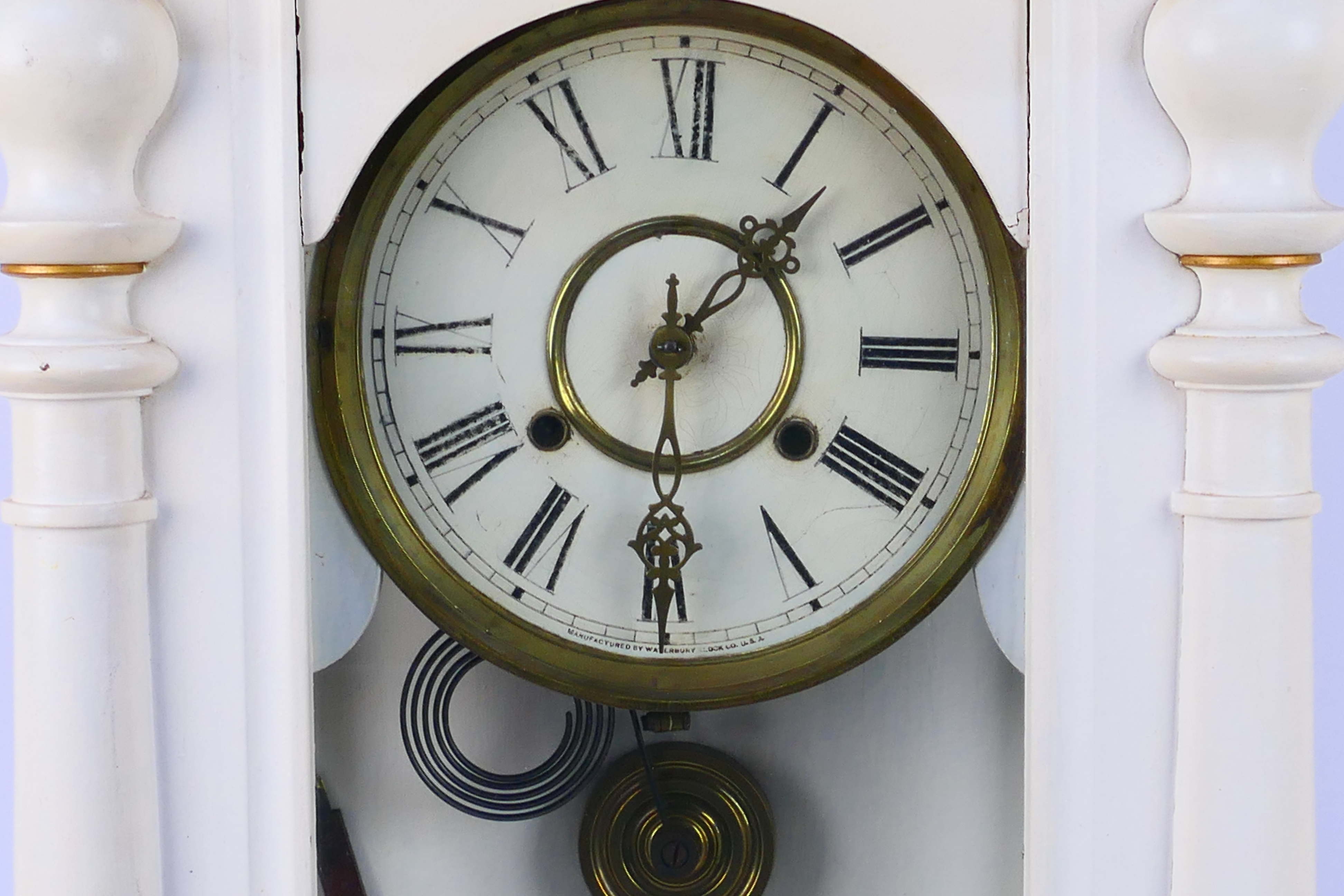 A white painted wall clock, Roman numerals to a white dial, with key and pendulum. - Image 3 of 8