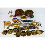 Mixed metalware to include horse brasses, J Hudson & Con Metropolitan whistle,