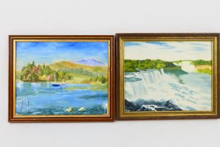 Two oil on board landscape scenes, signed by the artist, approximately 20 cm x 25 cm.