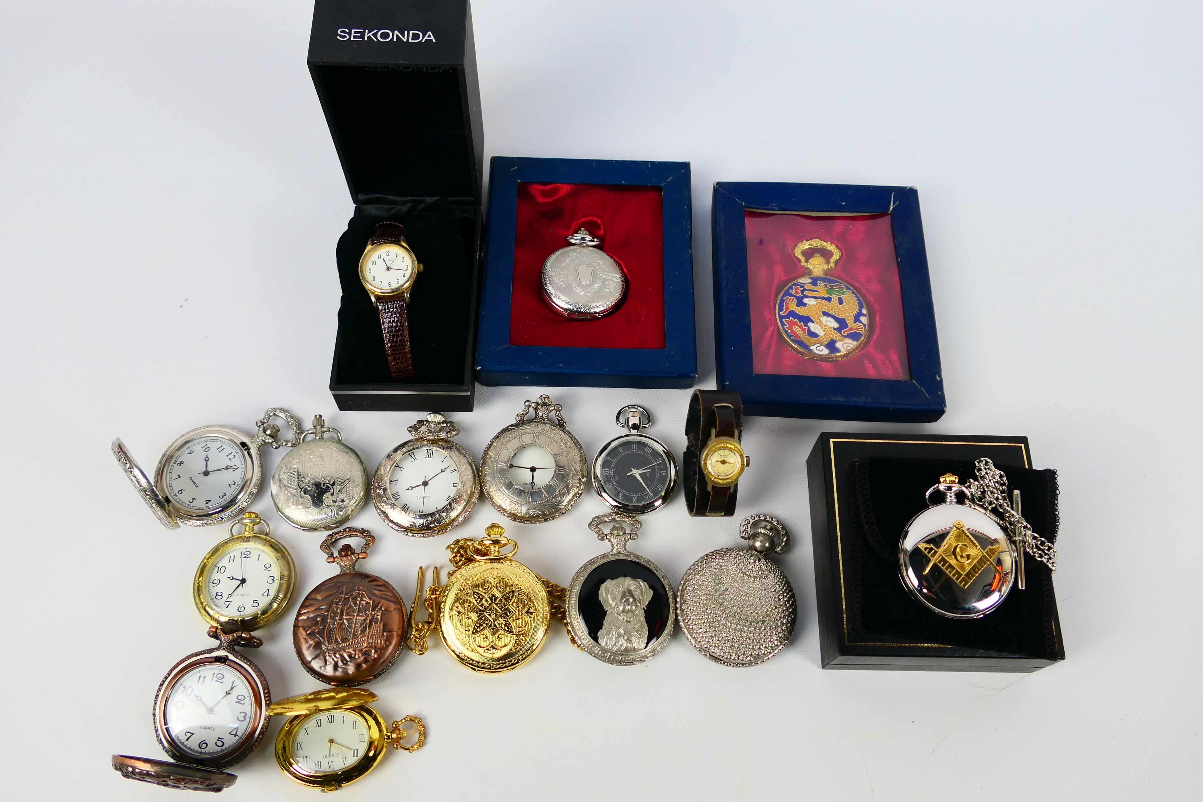 A collection of modern pocket watches, part boxed, and two wrist watches.