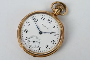 A gold plated open face pocket watch, white enamel dial with Arabic numerals,