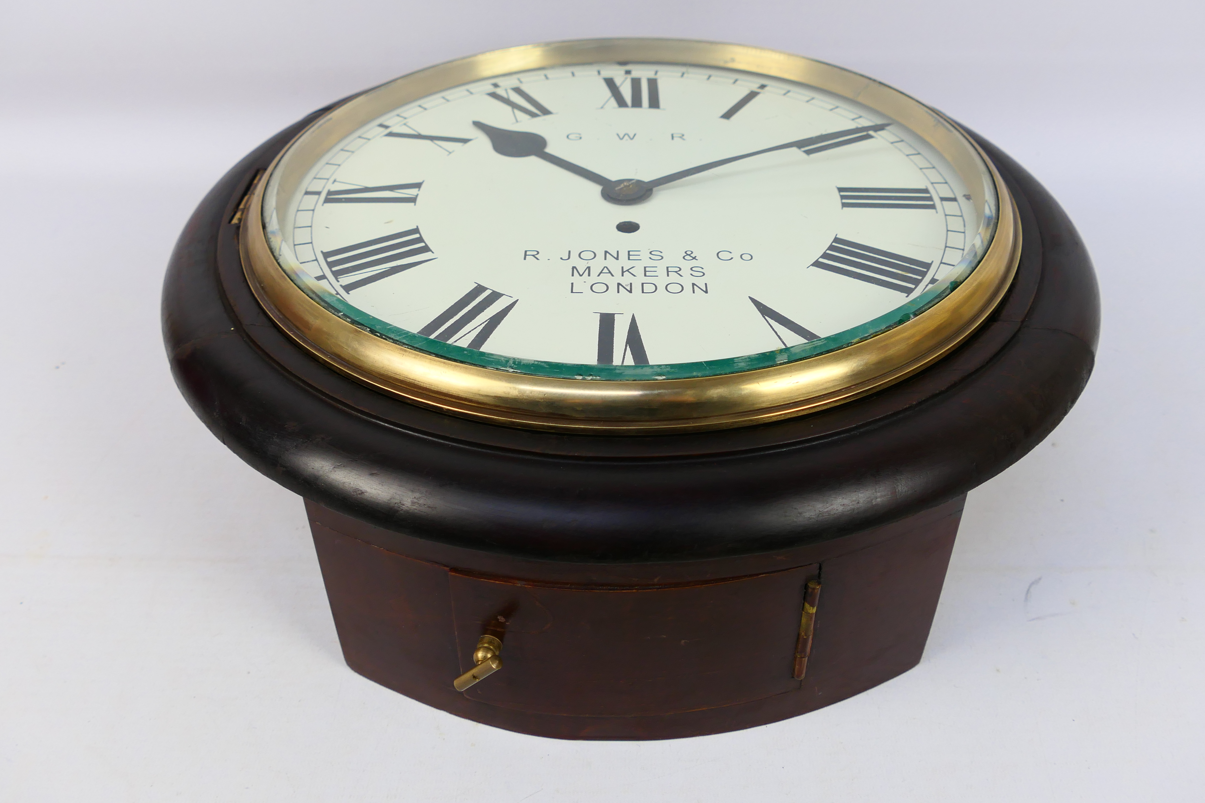 A 12 inch fusee dial clock, dark stained case, white dial marked for GWR and R Jones & Co, Makers, - Image 2 of 12