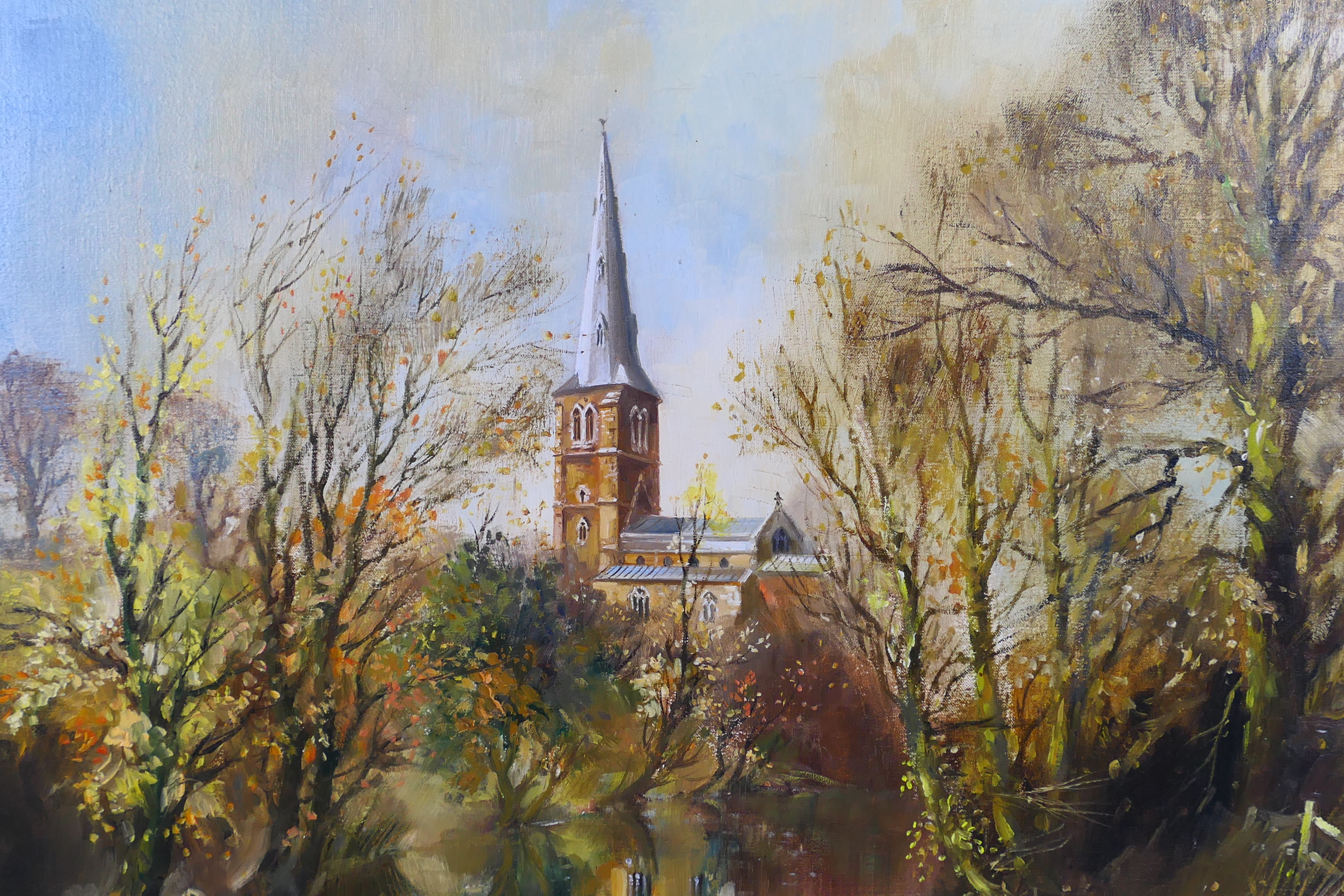 David Weston (1935 - 2011) - A framed oil on canvas landscape scene depicting a church beside a - Image 3 of 7