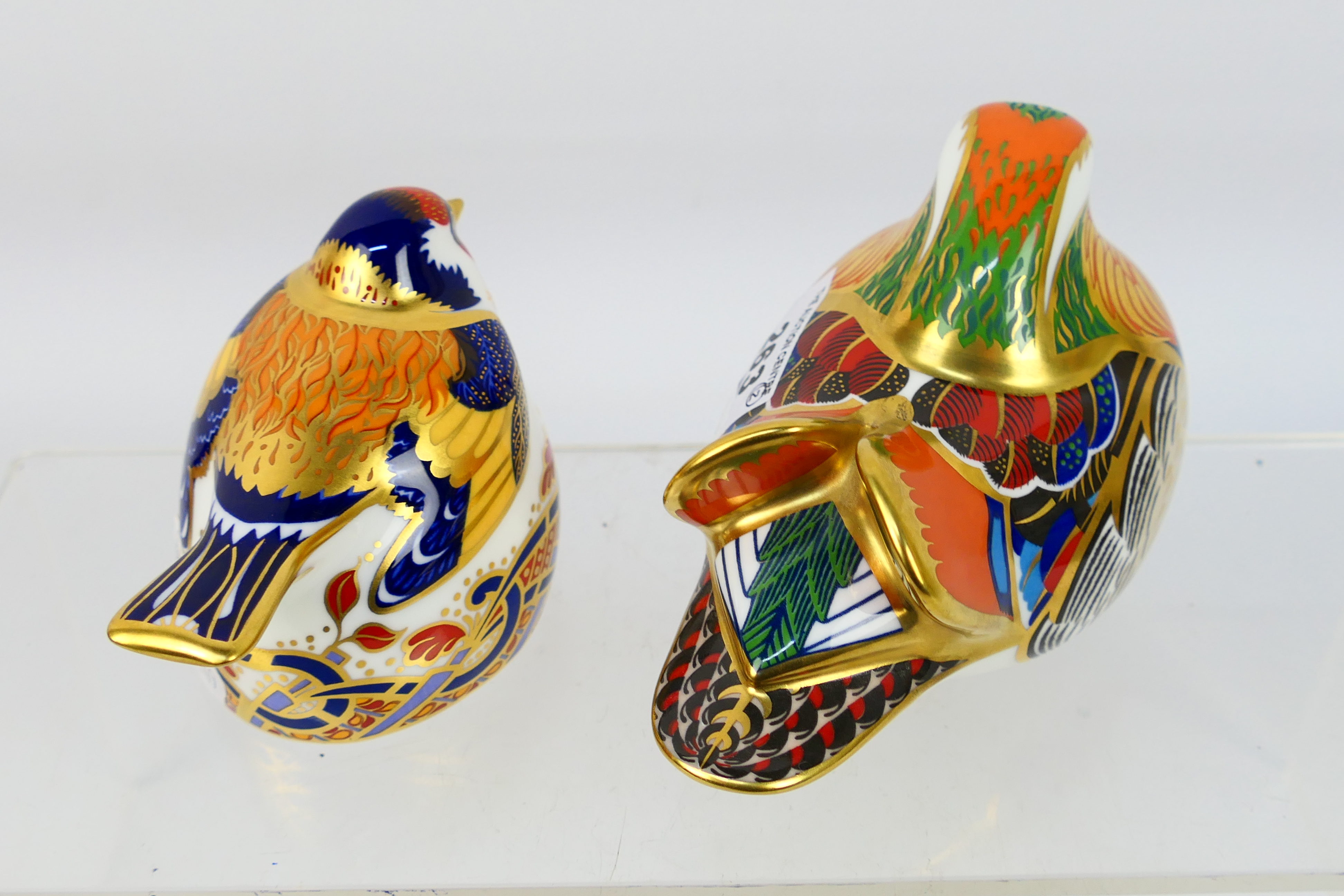 Royal Crown Derby - Two paperweights comprising Mandarin Duck and Goldfinch Nesting, gold stoppers, - Image 5 of 7