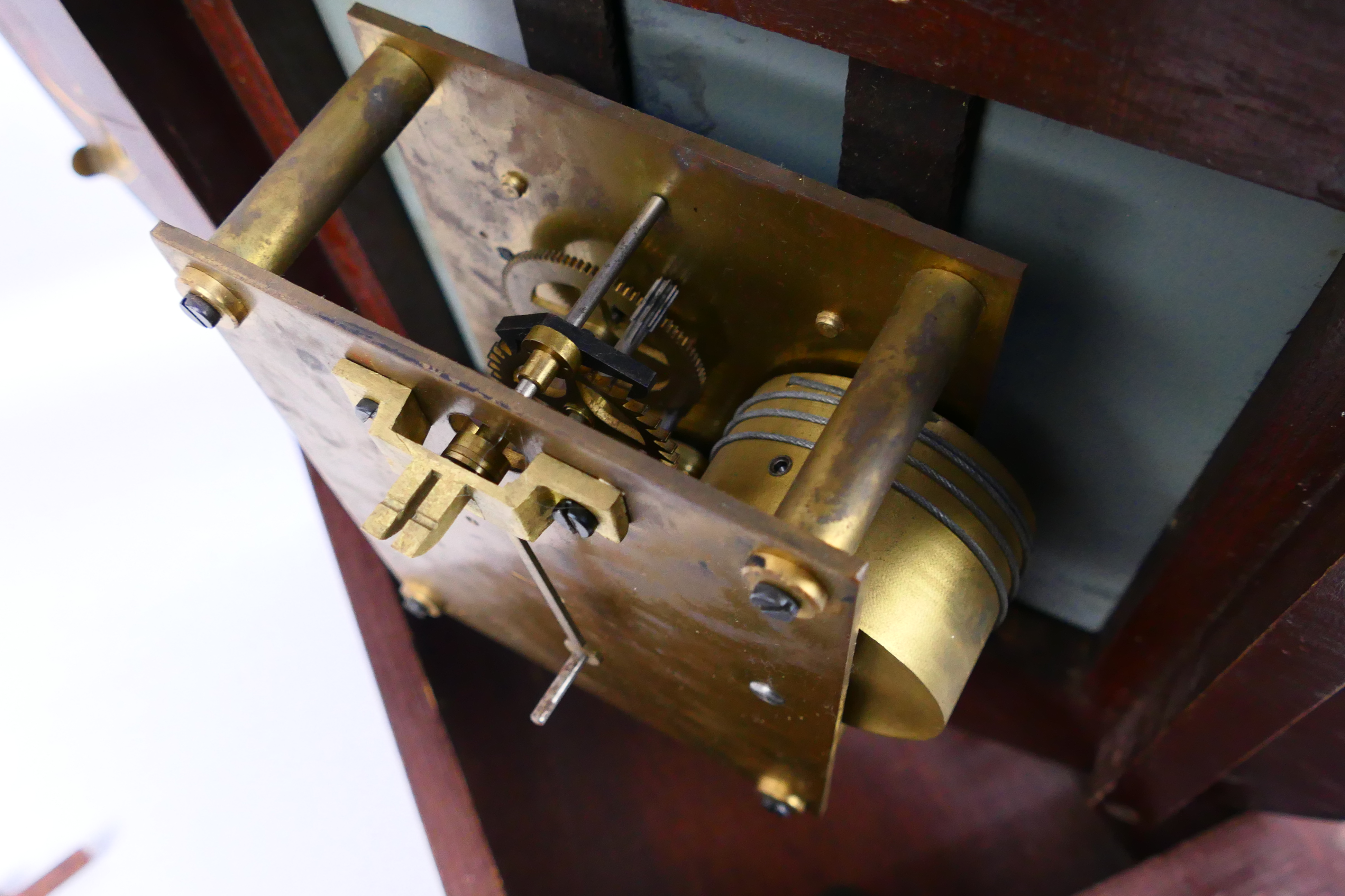 A 12 inch fusee dial clock, dark stained case, white dial marked for GWR and R Jones & Co, Makers, - Image 8 of 12