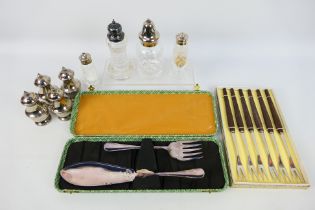 Lot to include a quantity of plated ware and a set of German wooden handled pickle forks,