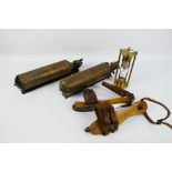Vintage collectables to include two brass fire extinguishers, ice skates and other.