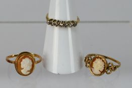 Three 9ct gold rings (all with misshapen shanks) comprising two cameo rings and one set with seven