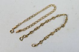 9ct Gold - Two yellow gold bracelets, both 18 cm (l), approximately 4.3 grams.