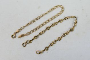 9ct Gold - Two yellow gold bracelets, both 18 cm (l), approximately 4.3 grams.