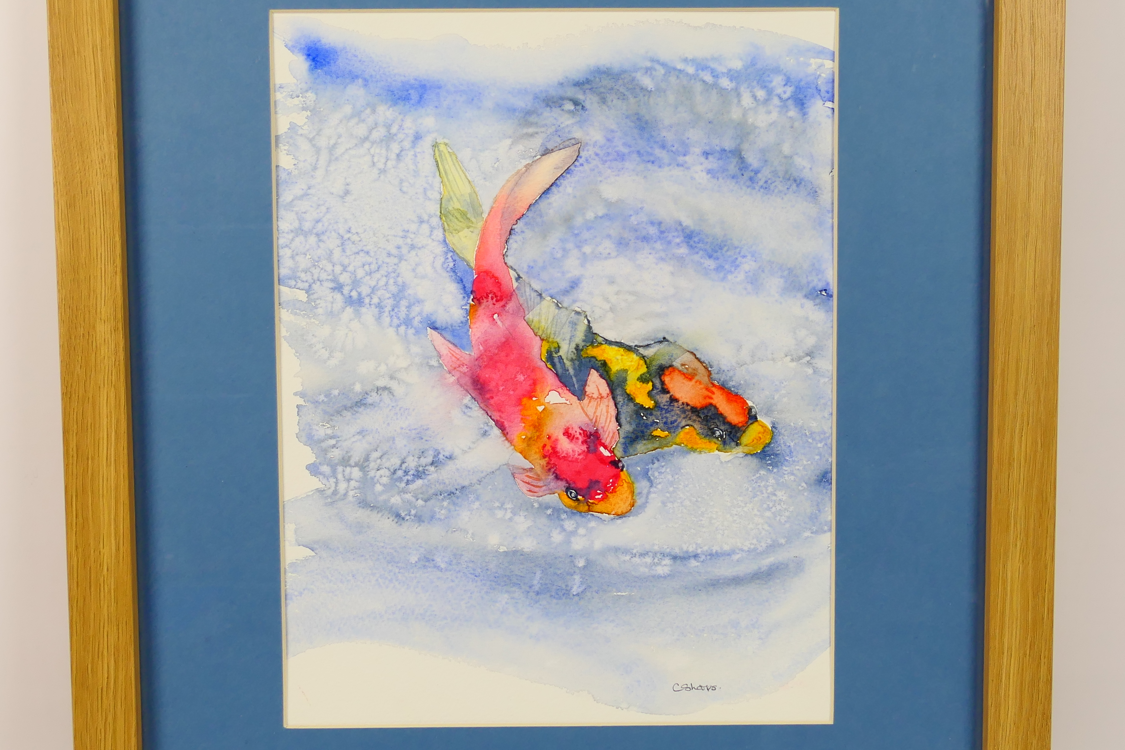 A watercolour picture depicting two colourful fish, signed lower right by the artist,