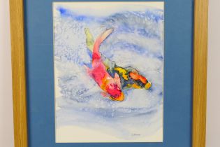 A watercolour picture depicting two colourful fish, signed lower right by the artist,