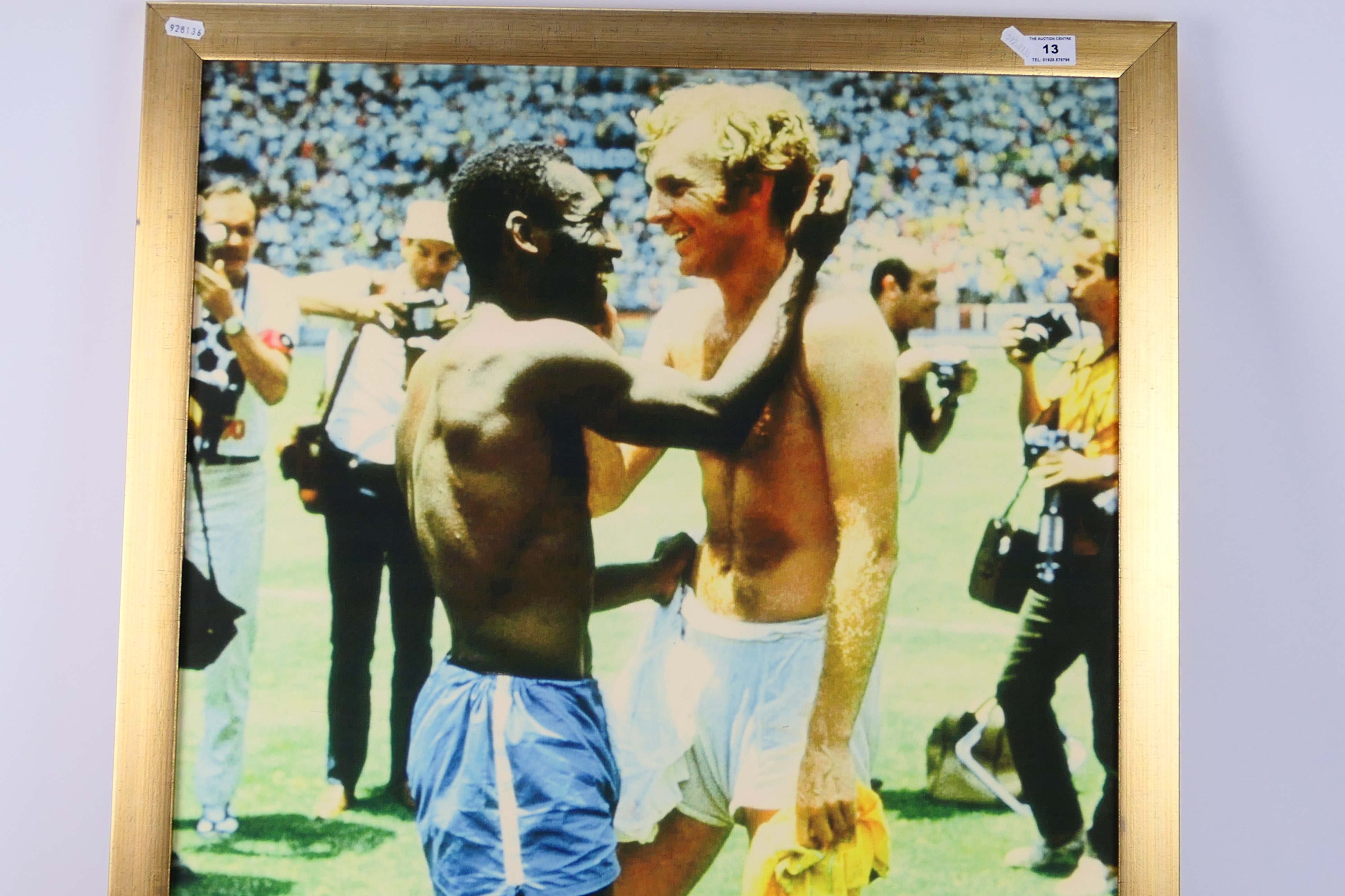 A Reproduction Canvas Print of Pele and Bobby Moore, hand signed by Pele, framed, 88cm by 61cm, - Image 2 of 5