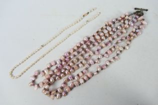 A rice pearl necklace with clasp stamped 9ct (in need of restringing) and a pearl bead three strand