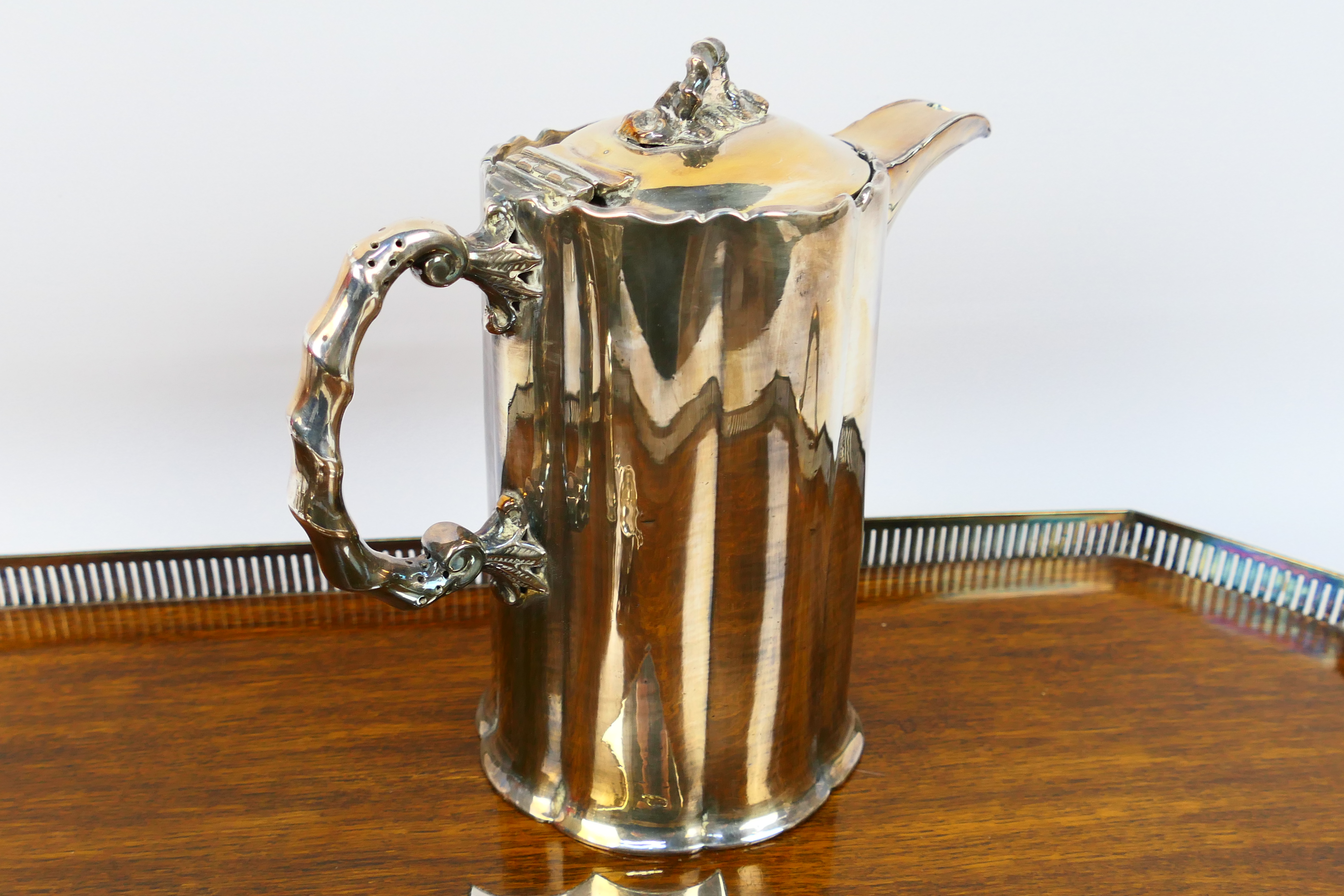A collection of predominantly silver plated gravy jugs, dish, 2 x jugs, serving tray, - Image 8 of 17