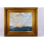 A 20th century oil on canvas seascape, depicting two racing yachts at sail,